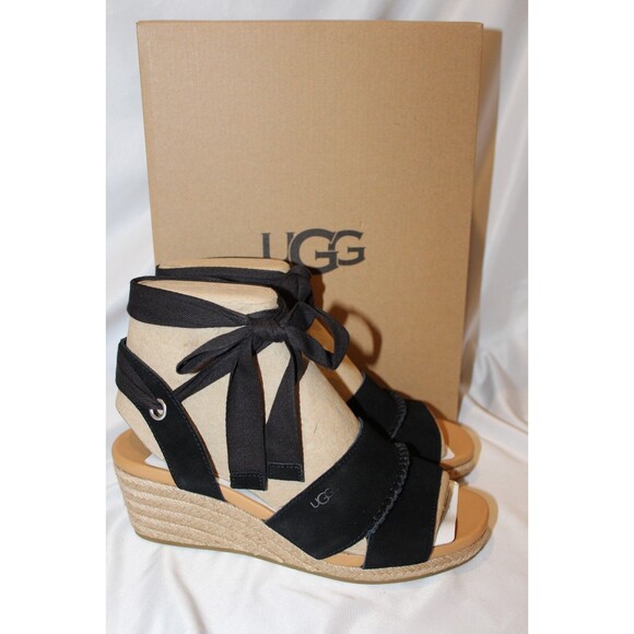 NIB UGG WOMEN'S TAIA ANKLE WRAP WEDGE SUEDE SANDALS BLACK SZ 8 NIB - Picture 2 of 6